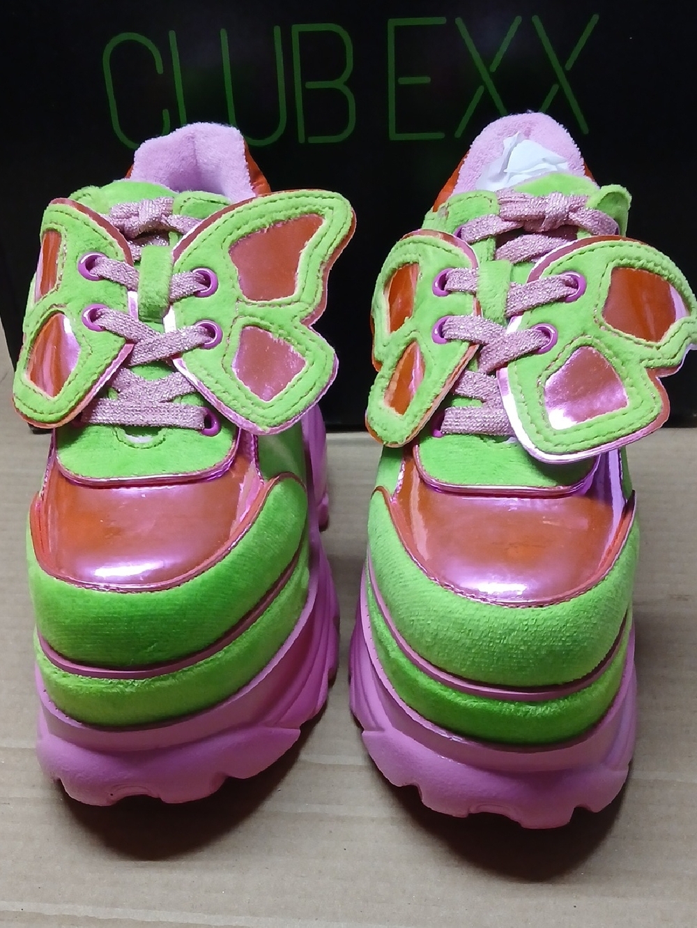 Dolls Kill Club Exx Green & Pink Fuzzy Butterfly Platform Sneakers 7 Rave Club